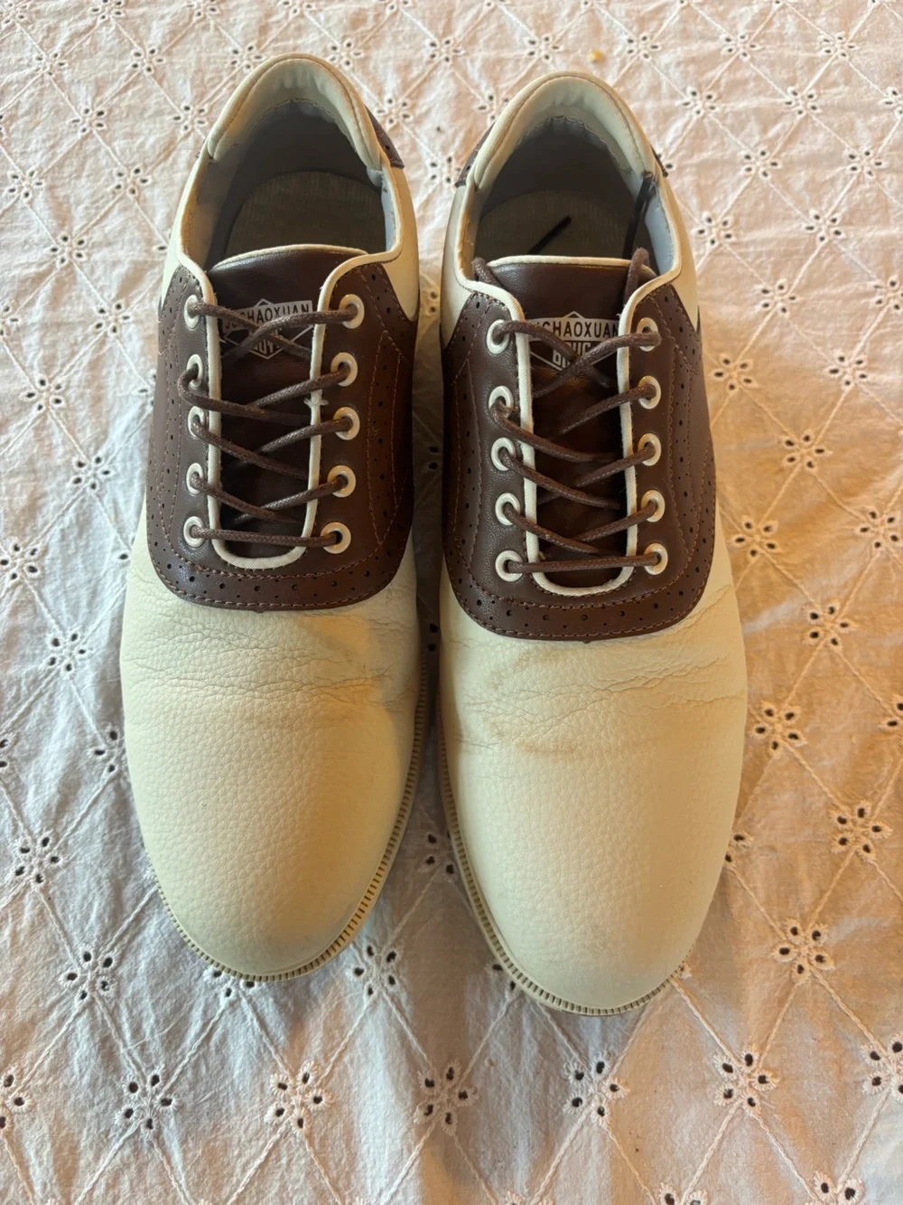 Men's Juchaoxuan Boys Leather Golf Shoes White/Brown Lace-Up EU 45, size 11